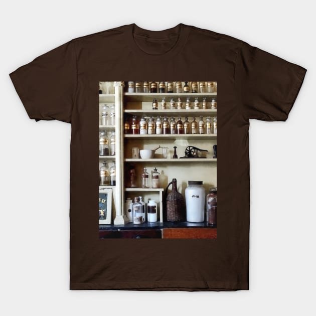 Pharmacists - Mortar and Pestle and Bottles on Shelves T-Shirt by SusanSavad